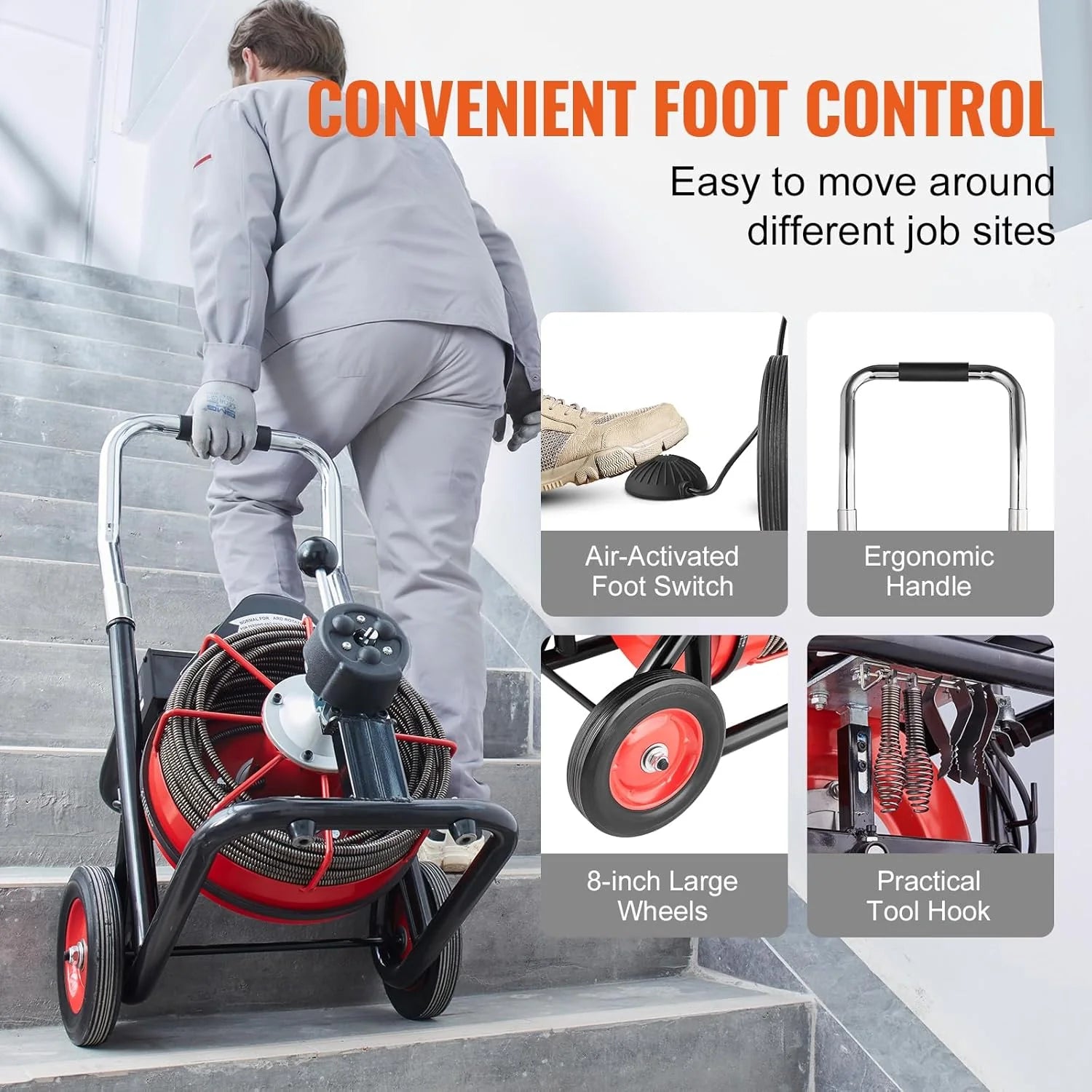 Drain Cleaner Machine 100FT x 1/2 Inch, Auto Feed Sewer Snake Auger on Wheels, 550W Portable Drain Cleaning Machine with 8 Cutters & Air-activated Foot Switch for 2