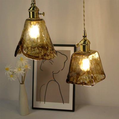 Wow- Handcrafted Vintage Amber Glass Pendant Light with Wooden Accent, 5.51''W