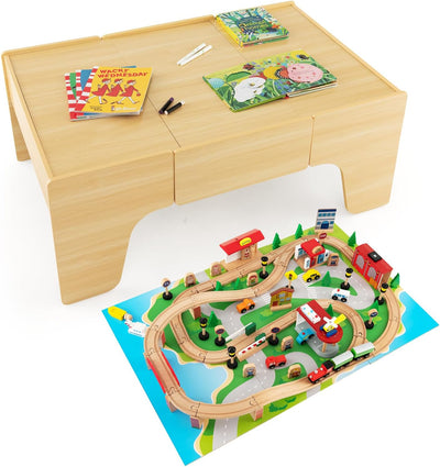The dual-function wooden children's activity table with storage function, featuring 100 colorful components, tracks, trains, and cars, is a children's train table set suitable for children aged 3 and above. It has a flip-up tabletop and is a gift for