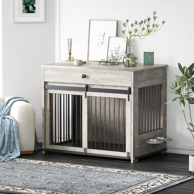 Wooden dog cage furniture, indoor kennel, with flip-up door, 360° rotating dog bowl and storage drawer, suitable for medium to large-sized dogs, durable dog cage, white.