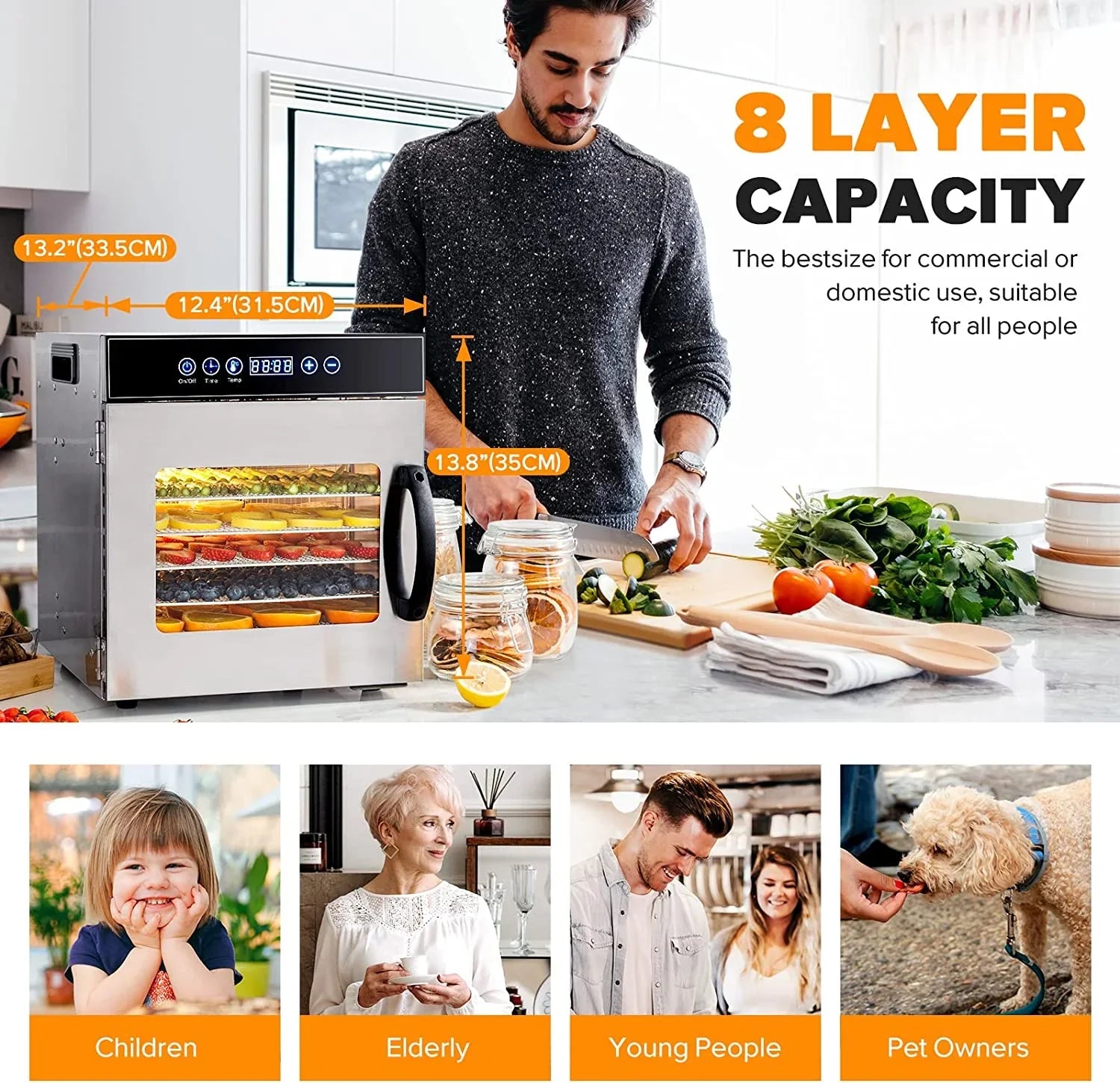 Tray Food Dehydrator, Steel Fruit Dry Machine with 30 90∼C Adjustable Thermostat, 24hr Digital Timer