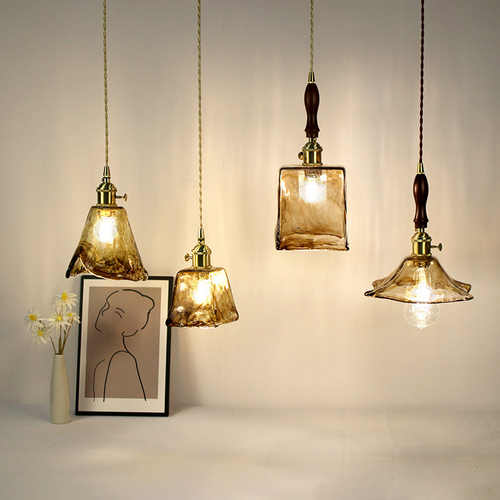Wow- Handcrafted Vintage Amber Glass Pendant Light with Wooden Accent, 5.51''W