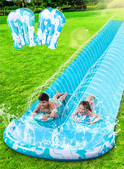 32.5FT Water Slide and 2 Inflatable Boards, Extra Long Double Lawn Heavy Duty Splash Mat Pad with Sprinkler for Kids Adults Backyard Summer Water Toy Outdoor Fun, Blue, Orange