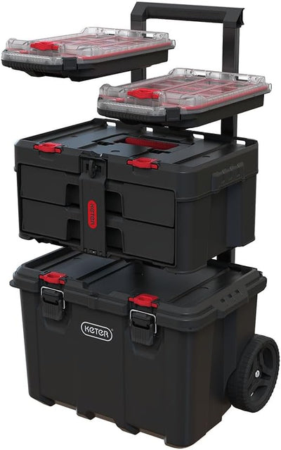 Modular Tools Organizer for Garage Storage and DIY, 3 Piece Resin Rolling Tool Box System for Small Parts