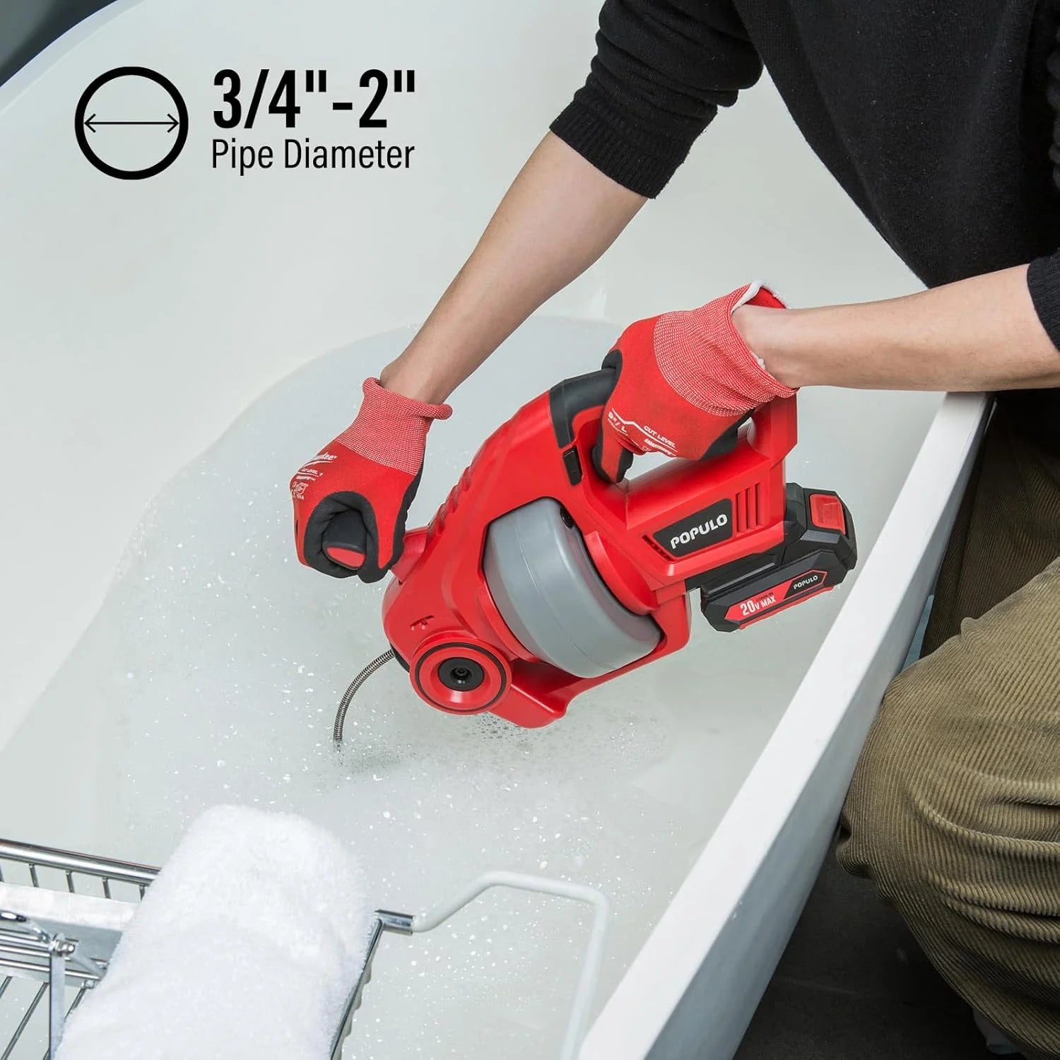 20V Cordless Electric Drain Auger-Efficient 25Ft Auto-Feed Drain Snake with Replaceable Cable,2.0Ah Battery,Charger,Storage Bag & Gloves for Kitchen,Bathroom,Shower Pipes (3/4