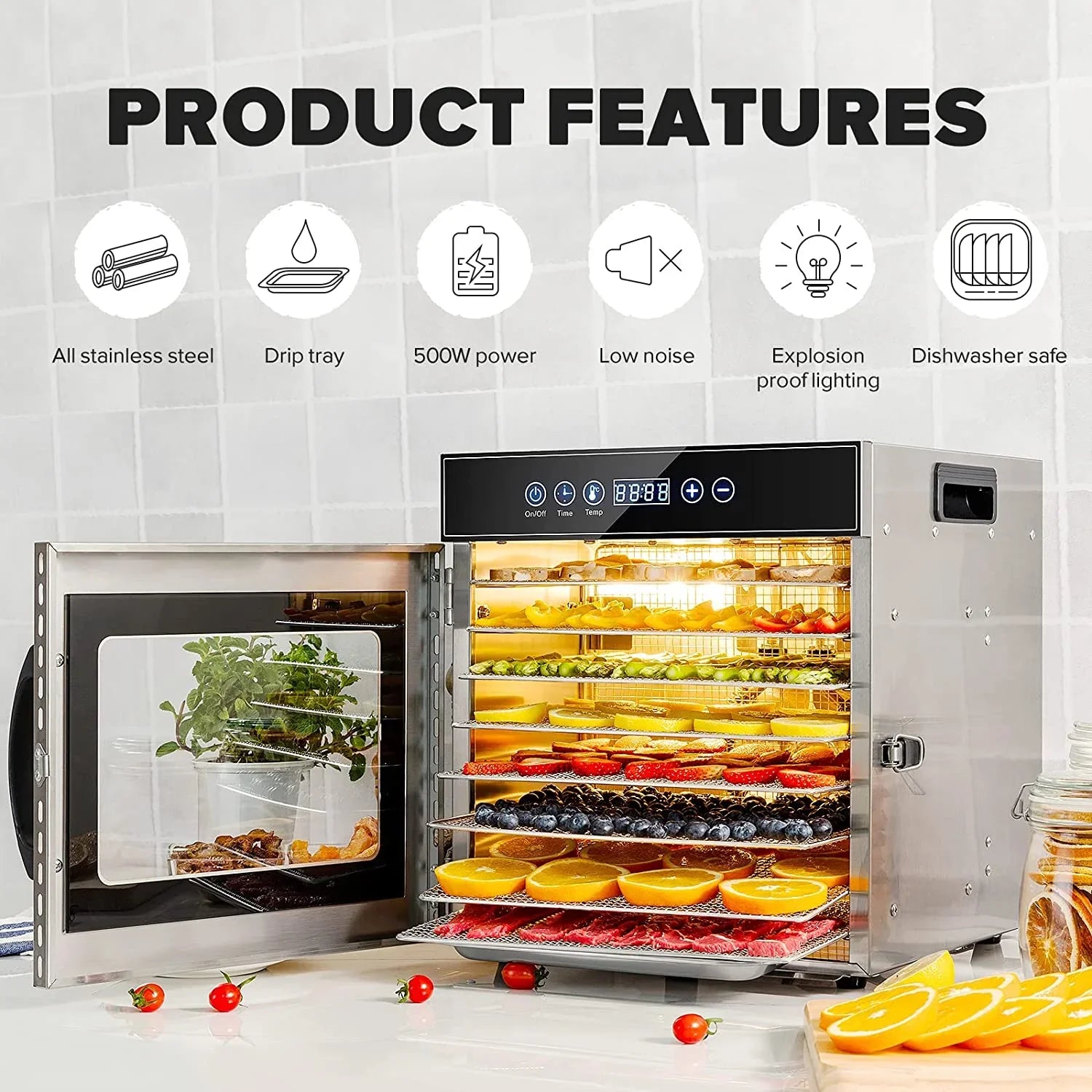 Tray Food Dehydrator, Steel Fruit Dry Machine with 30 90∼C Adjustable Thermostat, 24hr Digital Timer