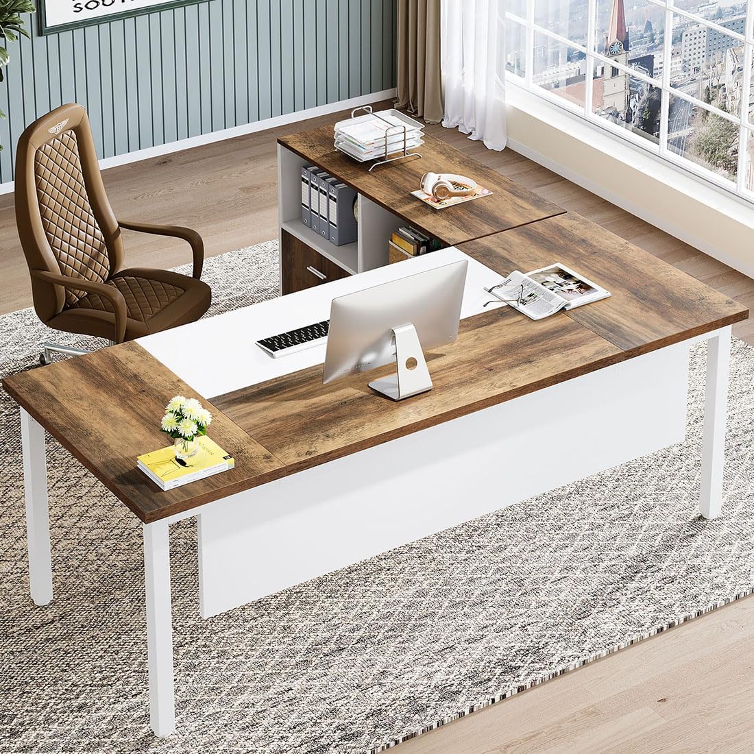 \L Shaped Desk with Drawer Cabinet, 63