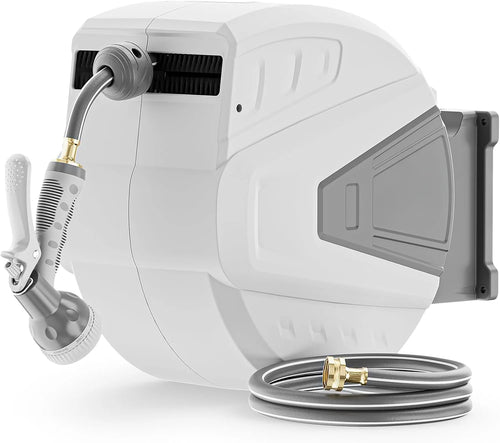 Retractable Garden Hose Reel,1/2 in x 100 ft Wall Mounted Hose Reel, with 9- Function Sprayer Nozzle, Any Length Lock/Slow Return System/Wall Mounted/180掳Swivel Bracket (Grey)