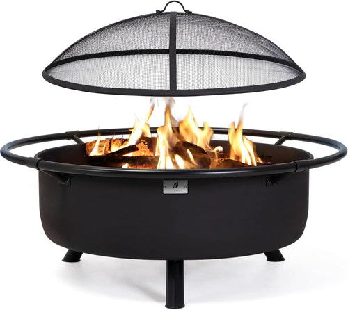 SUNCREAT 42” Patio Fire Pit Wood Burning with Mesh Spark Screen, Bonfire Outdoor firepit with Fireplace Poker, Black