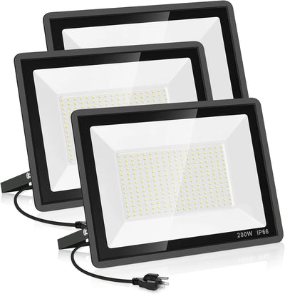 3 Pack 200W LED Flood Light,Super Bright Exterior Security Lights With Plug,IP66 Waterproof Outdoor Flood Light, 22800lm 5000K Daylight White Floodlight for Yard, Garden,Basketball Court, Arena