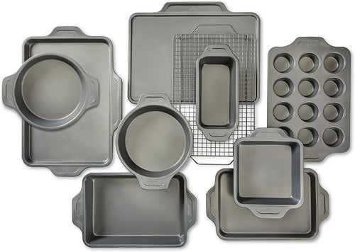 Nonstick Bakeware Set 10 Piece Oven Safe 450F Half Sheet, Cookie Sheet, Muffin Pan, Cooling & Baking Rack, Round Cake Pan, Loaf Pan, Baking Pan Grey
